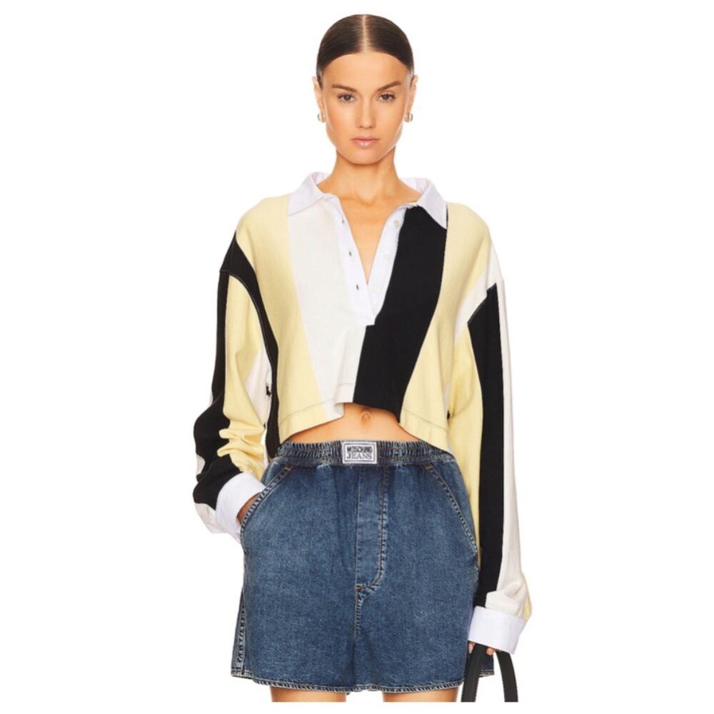 MOSCHINO Jeans Change of Stripes Cropped Rugby Shirt Black Yellow White 4